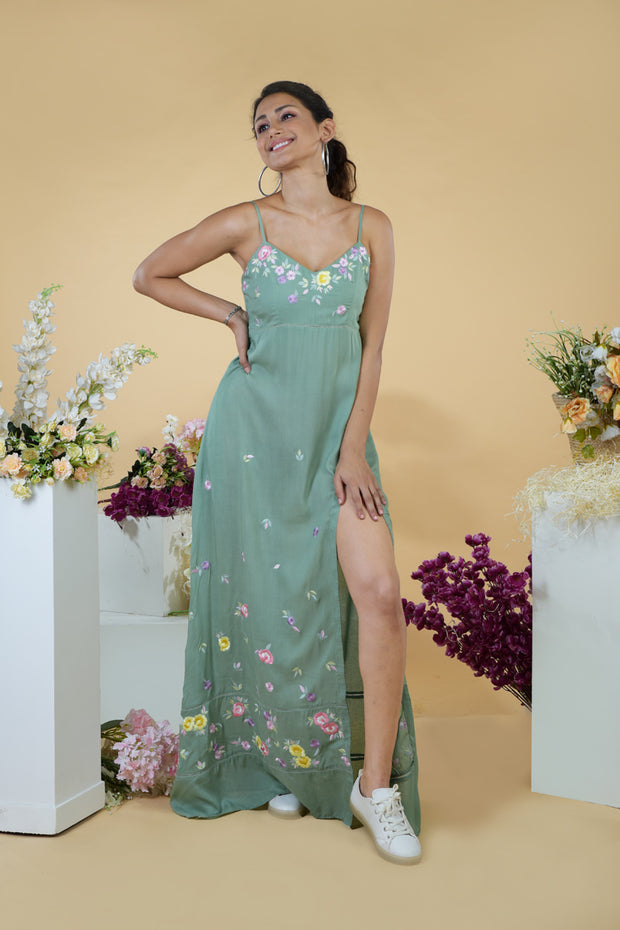 Adeline Green Embroidered Slit Dress