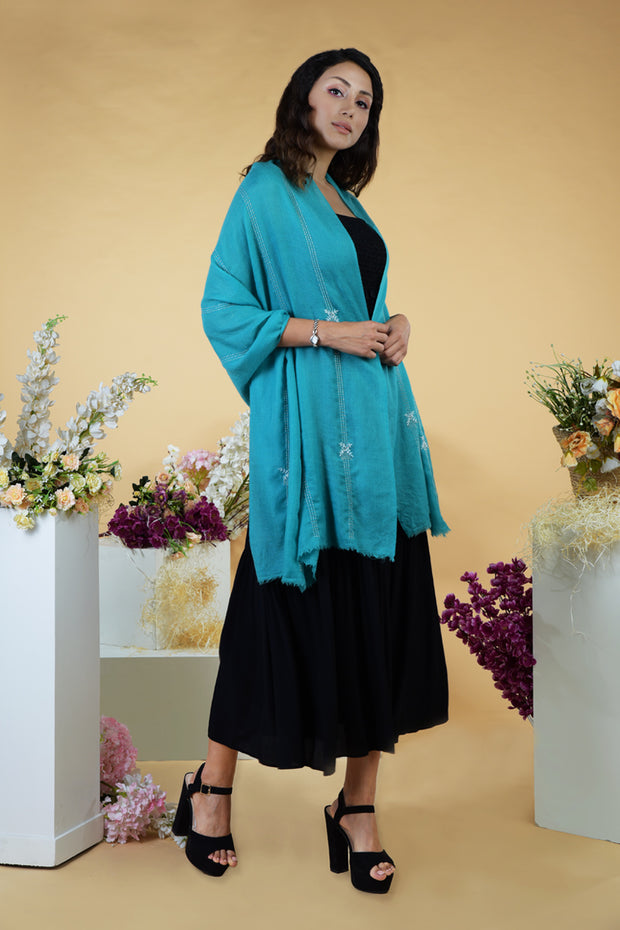 Teal Blue Skyfall Hand Embroidered Pure Cashmere Stole