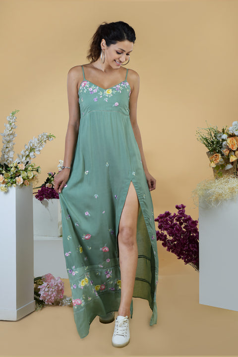 Adeline Green Embroidered Slit Dress