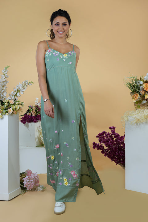 Adeline Green Embroidered Slit Dress