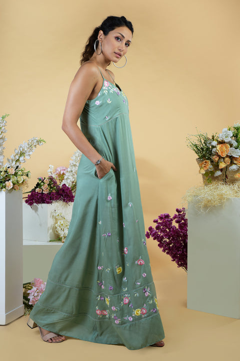 Adeline Green Embroidered Slit Dress