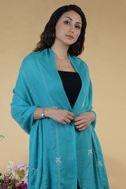 Teal Blue Skyfall Hand Embroidered Pure Cashmere Stole