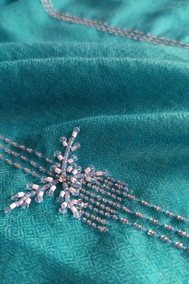 Teal Blue Skyfall Hand Embroidered Pure Cashmere Stole