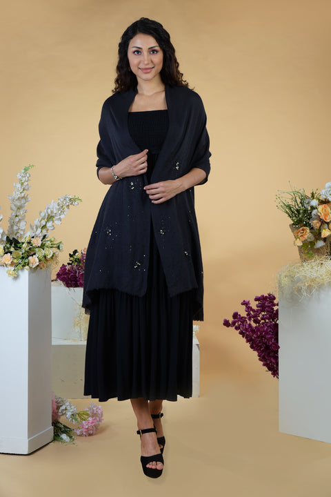 Black Galaxy Hand Embroidered Pure Cashmere Stole
