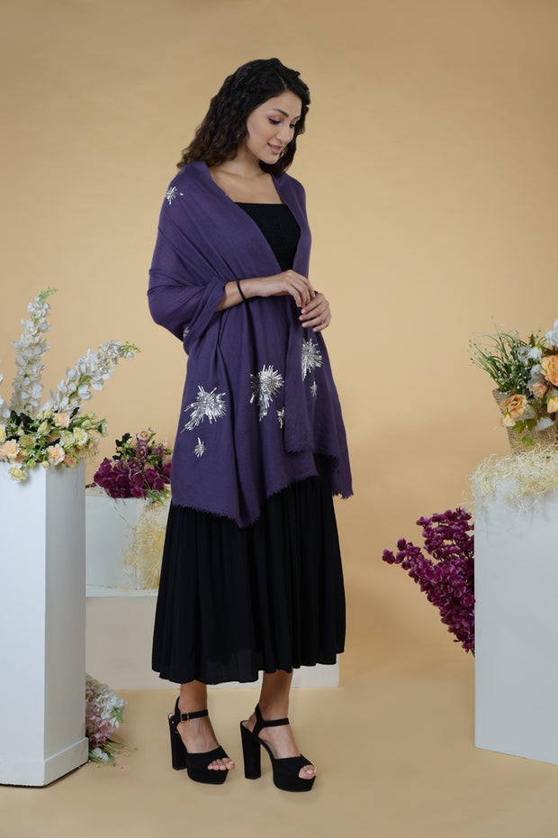 Purple Starburst Hand Embroidered Pure Cashmere Stole