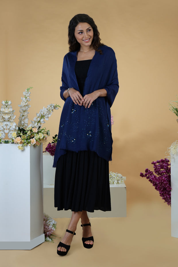 Navy Blue Stellar Hand Embroidered Pure Cashmere Stole