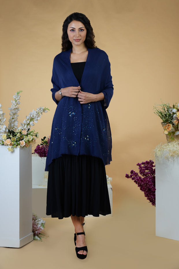 Navy Blue Stellar Hand Embroidered Pure Cashmere Stole