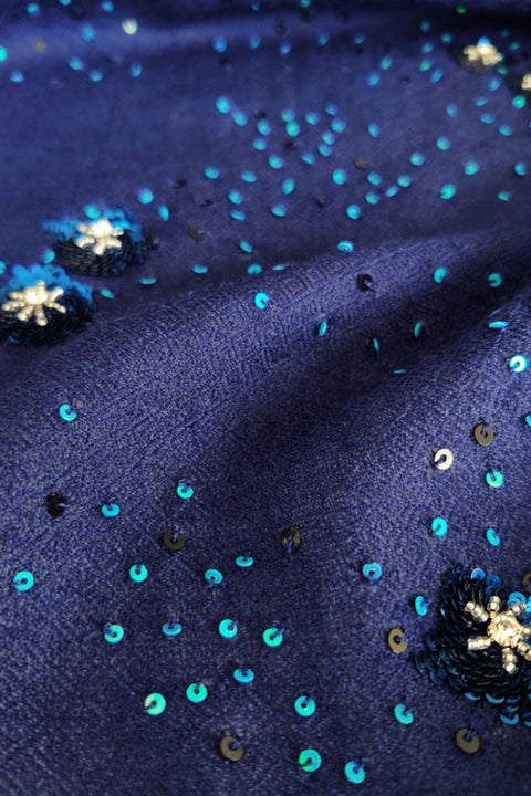 Navy Blue Stellar Hand Embroidered Pure Cashmere Stole