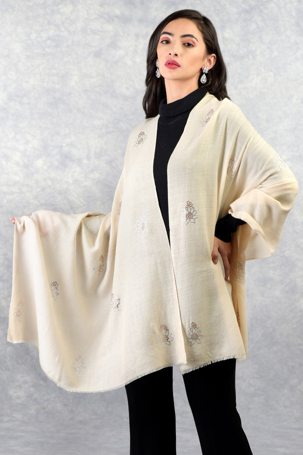 Ira Cream Floral Swarovski Pure Cashmere Stole