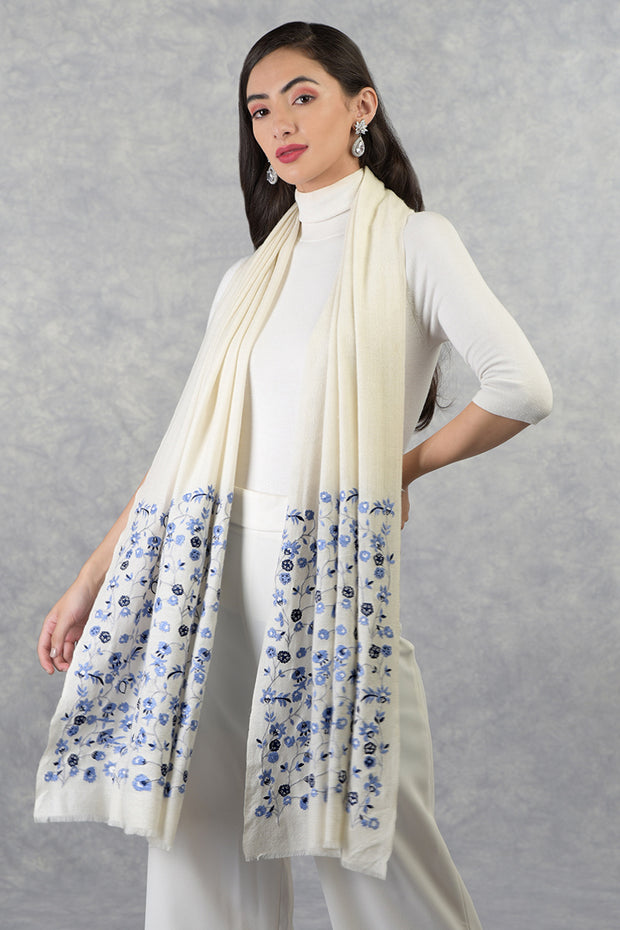 Frida Ivory-Blue Floral Embroidered Pure Cashmere Stole