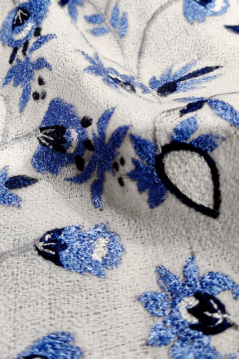 Frida Ivory-Blue Floral Embroidered Pure Cashmere Stole