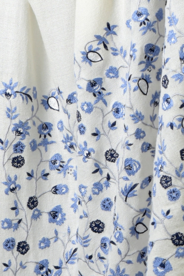 Frida Ivory-Blue Floral Embroidered Pure Cashmere Stole