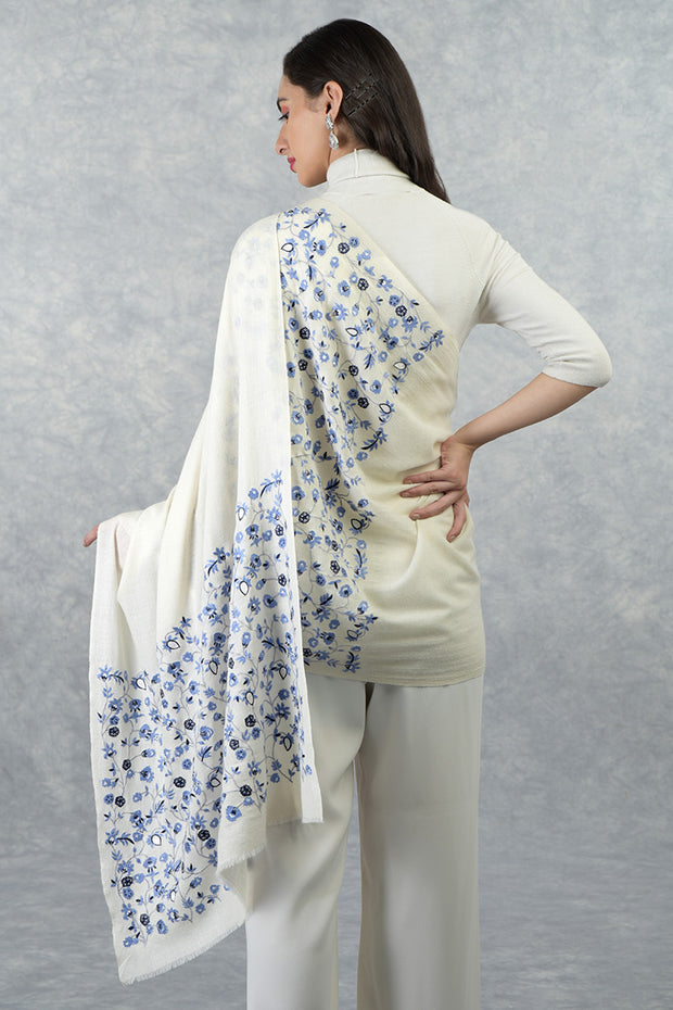 Frida Ivory-Blue Floral Embroidered Pure Cashmere Stole