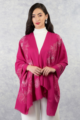 Frida Fuchsia Rose Floral Embroidered Pure Cashmere Stole