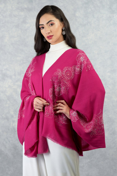 Frida Fuchsia Rose Floral Embroidered Pure Cashmere Stole