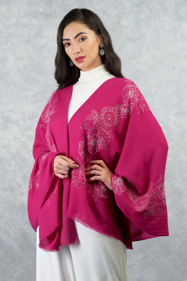 Frida Fuchsia Rose Floral Embroidered Pure Cashmere Stole