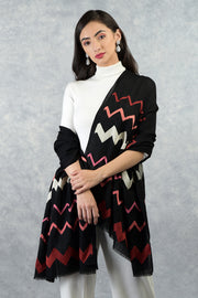 Frida Black Chevron Embroidered Pure Cashmere Stole