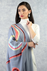 Frida Cloud Blue Color Waves Embroidered Pure Cashmere Stole