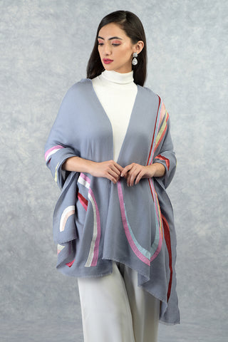 Frida Cloud Blue Color Waves Embroidered Pure Cashmere Stole