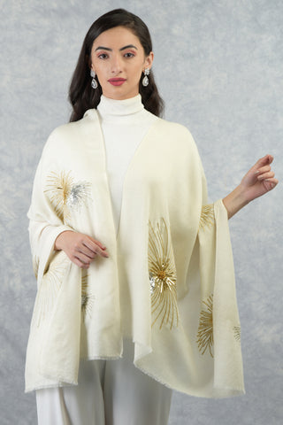 Ivory Starburst Embroidered Pure Cashmere Stole