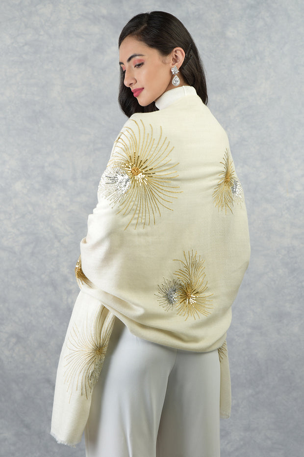 Ivory Starburst Embroidered Pure Cashmere Stole