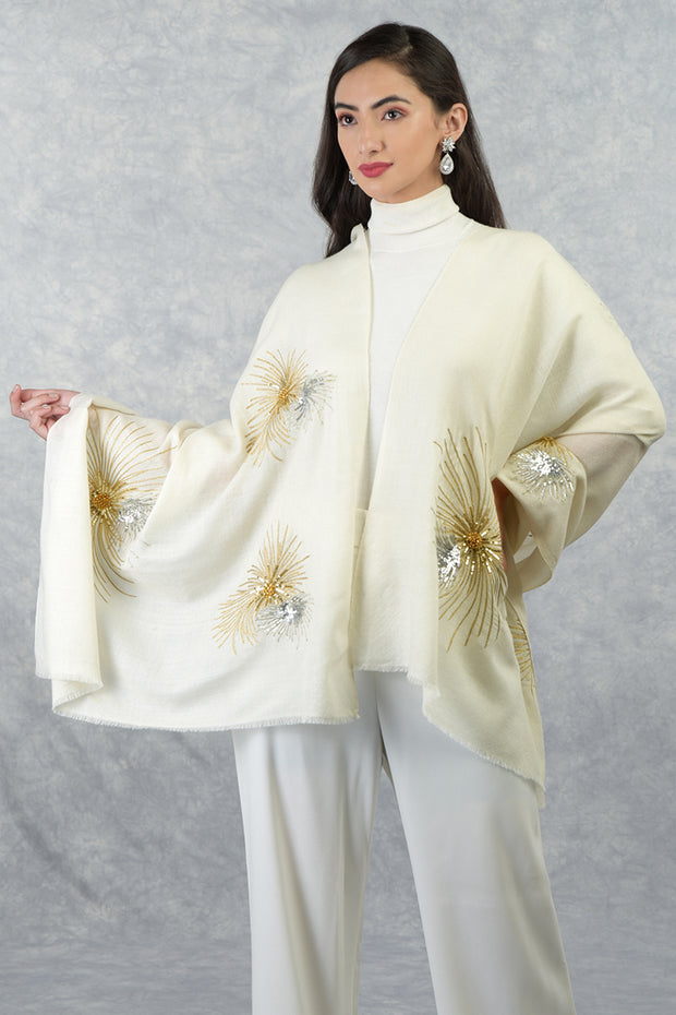 Ivory Starburst Embroidered Pure Cashmere Stole