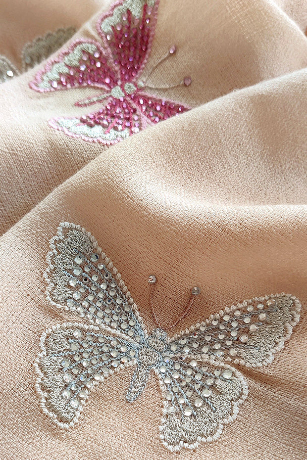 Frida Creole Pink Butterfly Embroidered Pure Cashmere Stole