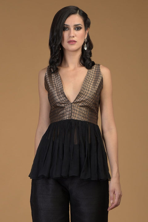 Brocade Silk Peplum And Wide Leg Pants Suit