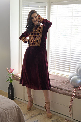 Rose Maroon Gold Kashmiri Tilla Embroidered Dress