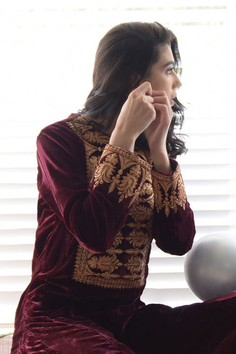 Rose Maroon Gold Kashmiri Tilla Embroidered Dress