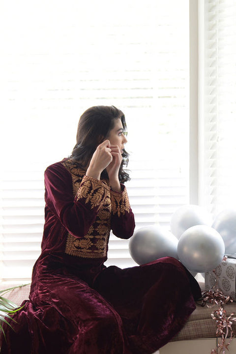 Rose Maroon Gold Kashmiri Tilla Embroidered Dress