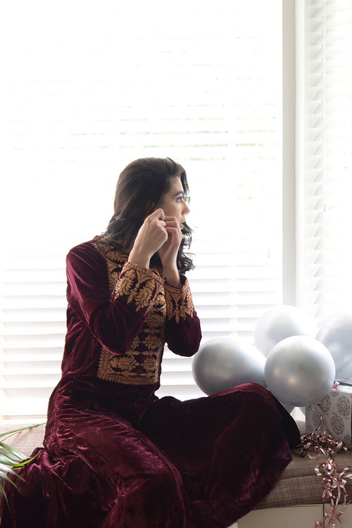 Rose Maroon Gold Kashmiri Tilla Embroidered Dress