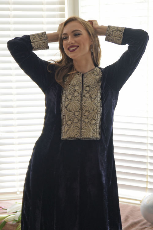 Midnight Blue Silver Kashmiri Tilla Embroidered Dress